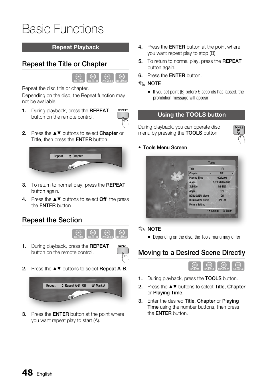 Repeat playback, Repeat the title or chapter, Repeat the section | Using the tools button, Moving to a desired scene directly, Basic functions | Samsung BD-C6800 User Manual | Page 48 / 71