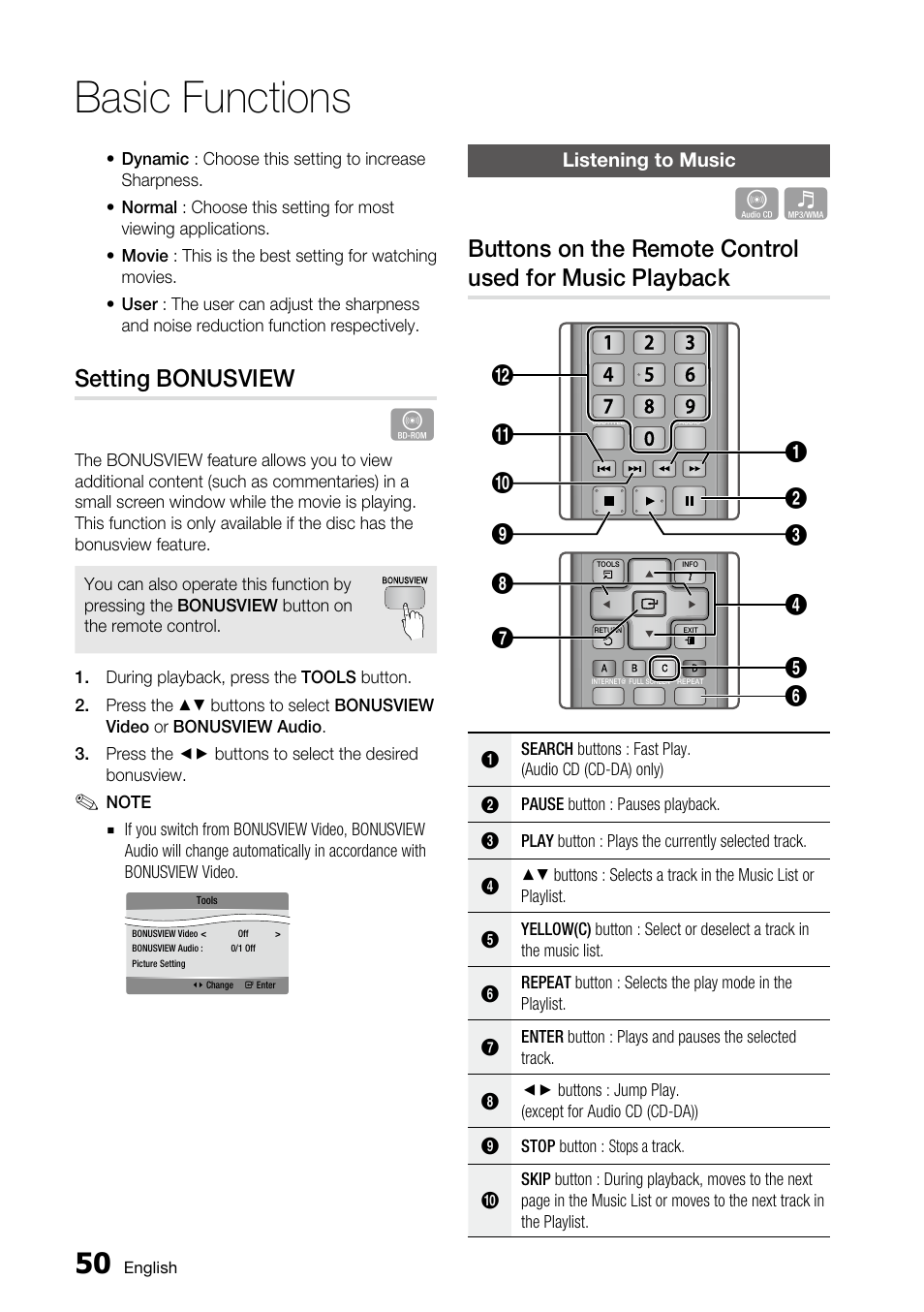 Setting bonusview, Listening to music, Basic functions | Samsung BD-C6800 User Manual | Page 50 / 71