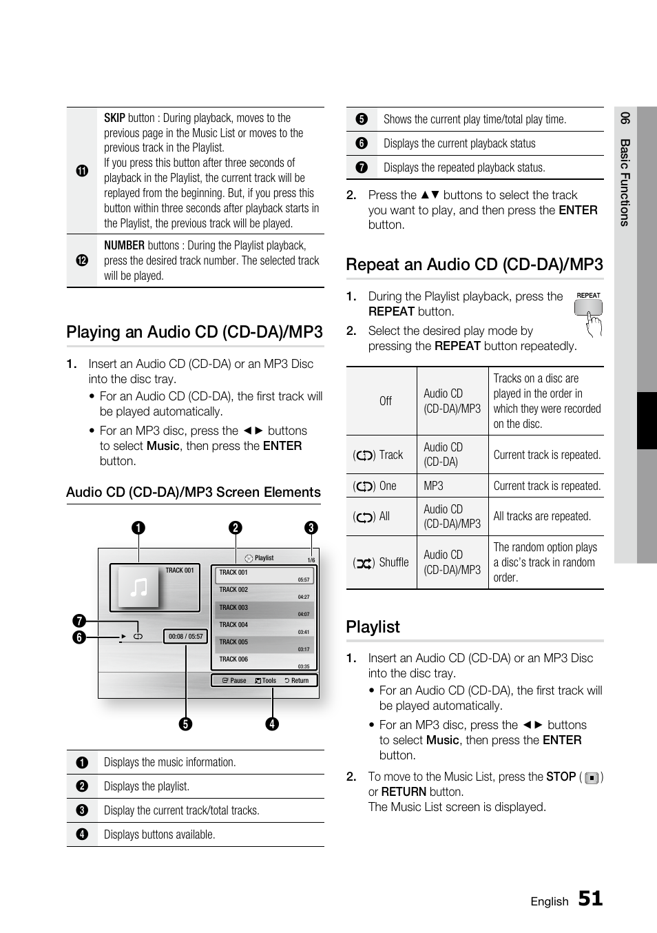 Playing an audio cd (cd-da)/mp3, Repeat an audio cd (cd-da)/mp3, Playlist | Samsung BD-C6800 User Manual | Page 51 / 71