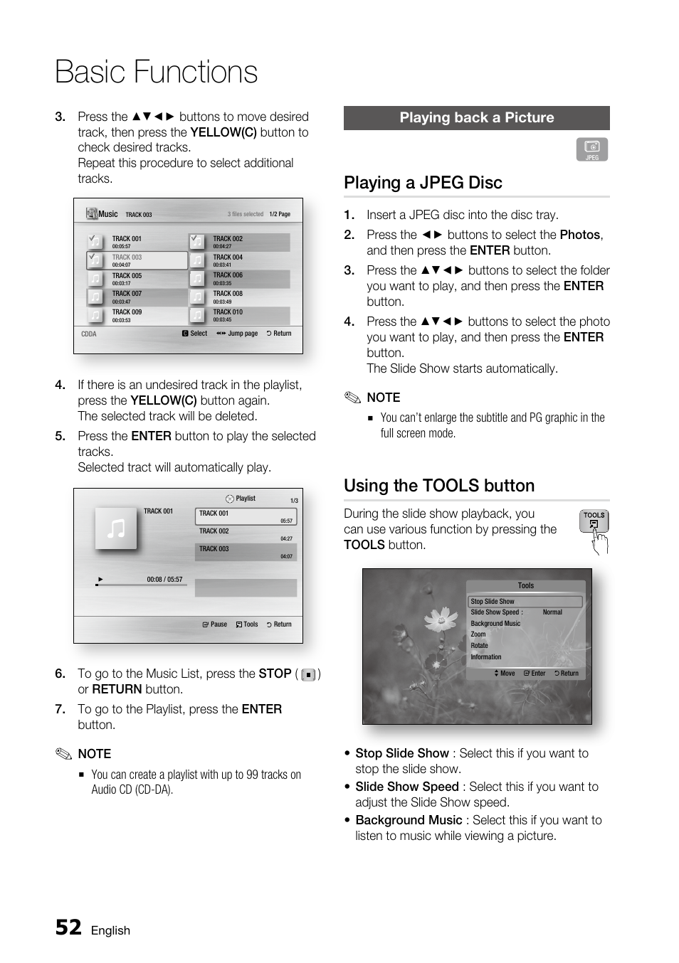 Playing back a picture, Playing a jpeg disc, Using the tools button | Basic functions | Samsung BD-C6800 User Manual | Page 52 / 71