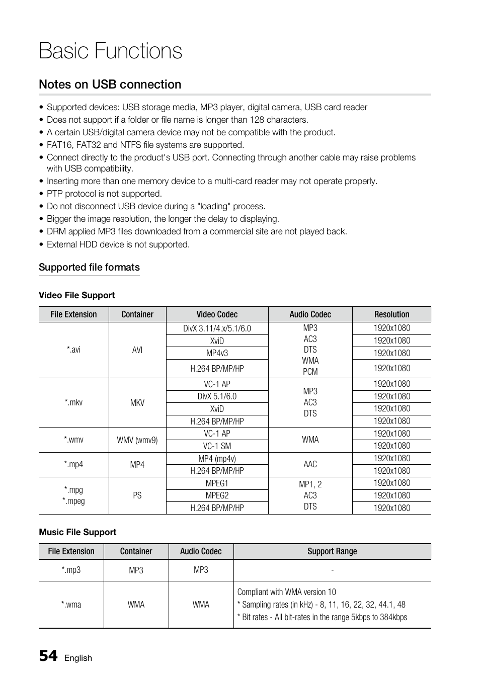 Notes on usb connection, Basic functions | Samsung BD-C6800 User Manual | Page 54 / 71