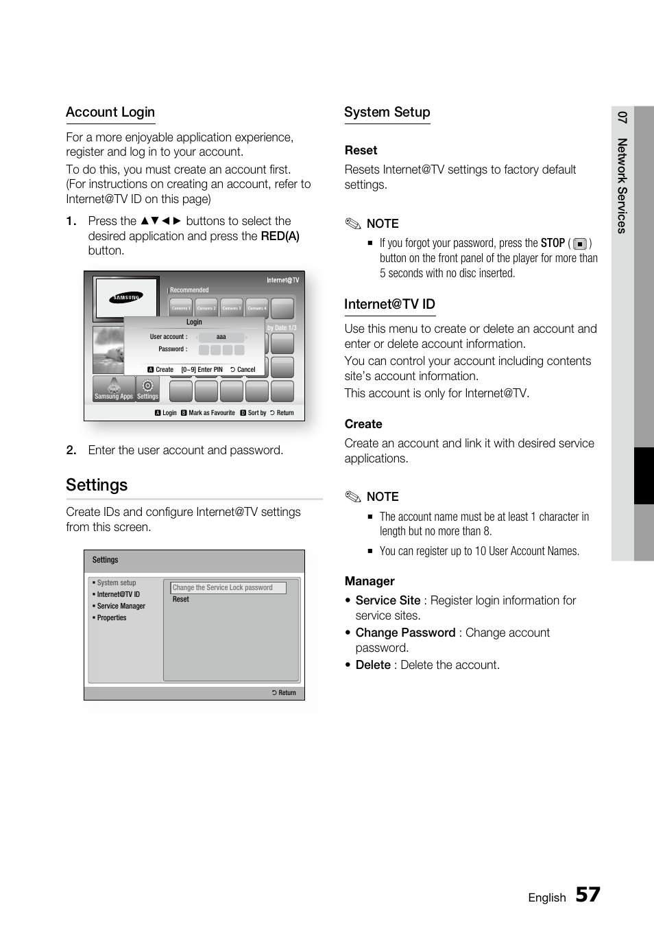 Settings, Account login, System setup | Internet@tv id | Samsung BD-C6800 User Manual | Page 57 / 71