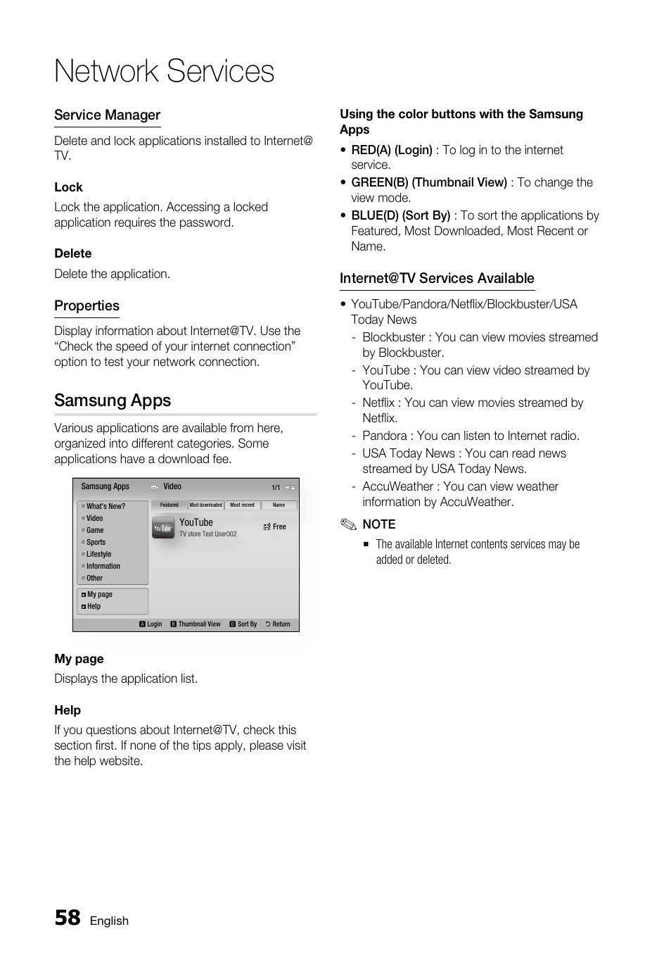 Samsung apps, Network services, Service manager | Properties, Internet@tv services available | Samsung BD-C6800 User Manual | Page 58 / 71