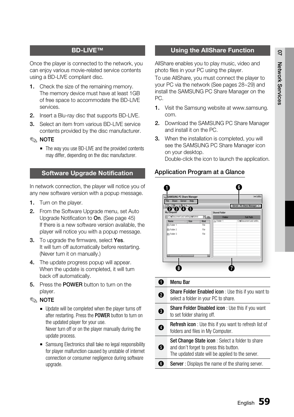 Bd-live, Software upgrade notification, Using the allshare function | Samsung BD-C6800 User Manual | Page 59 / 71