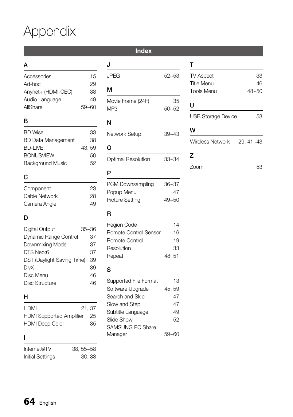Index, Appendix | Samsung BD-C6800 User Manual | Page 64 / 71