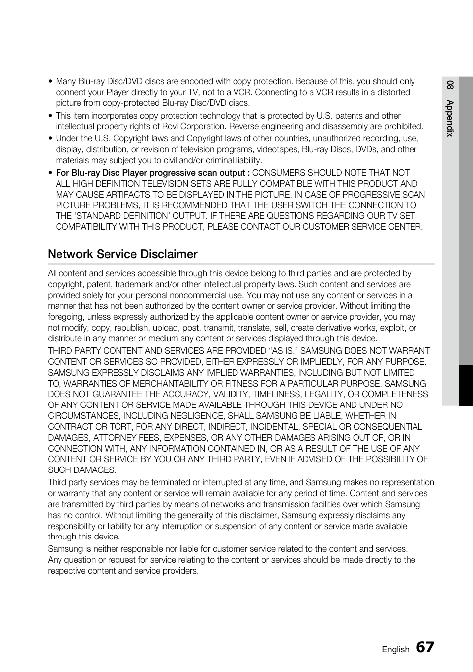 Network service disclaimer | Samsung BD-C6800 User Manual | Page 67 / 71