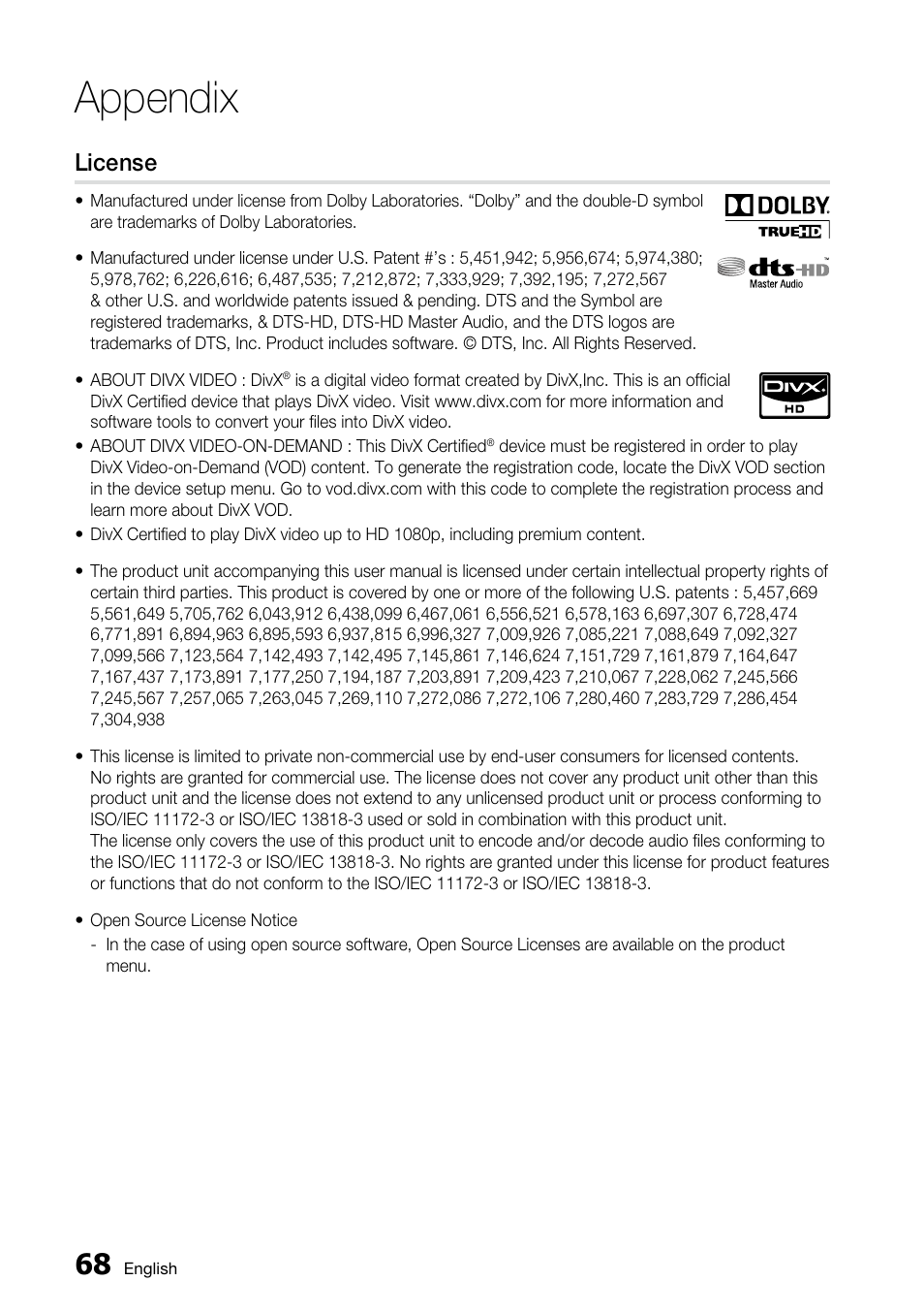 License, Appendix | Samsung BD-C6800 User Manual | Page 68 / 71