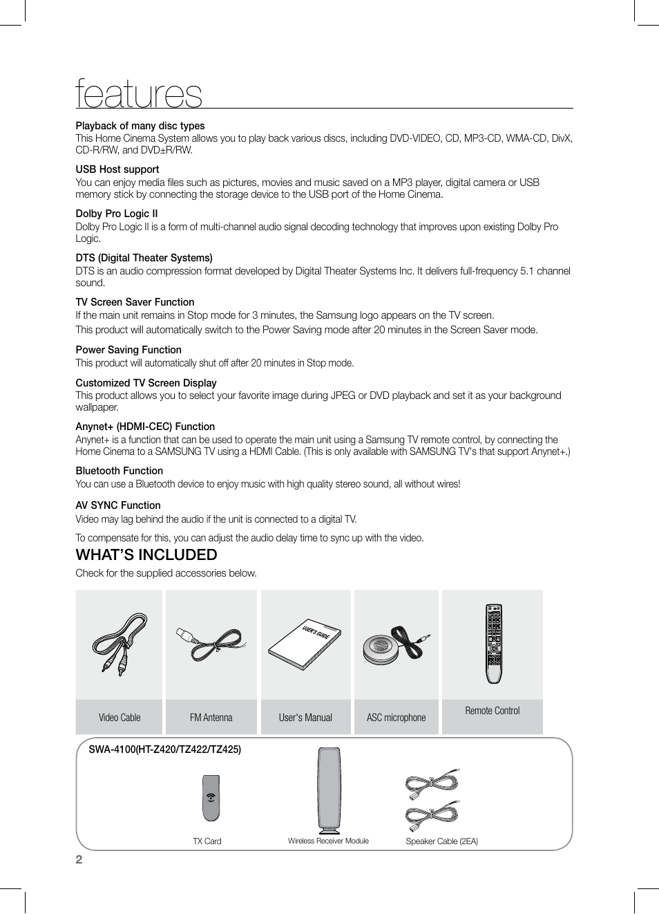 Features, What’s included | Samsung HT-TZ325 User Manual | Page 2 / 74