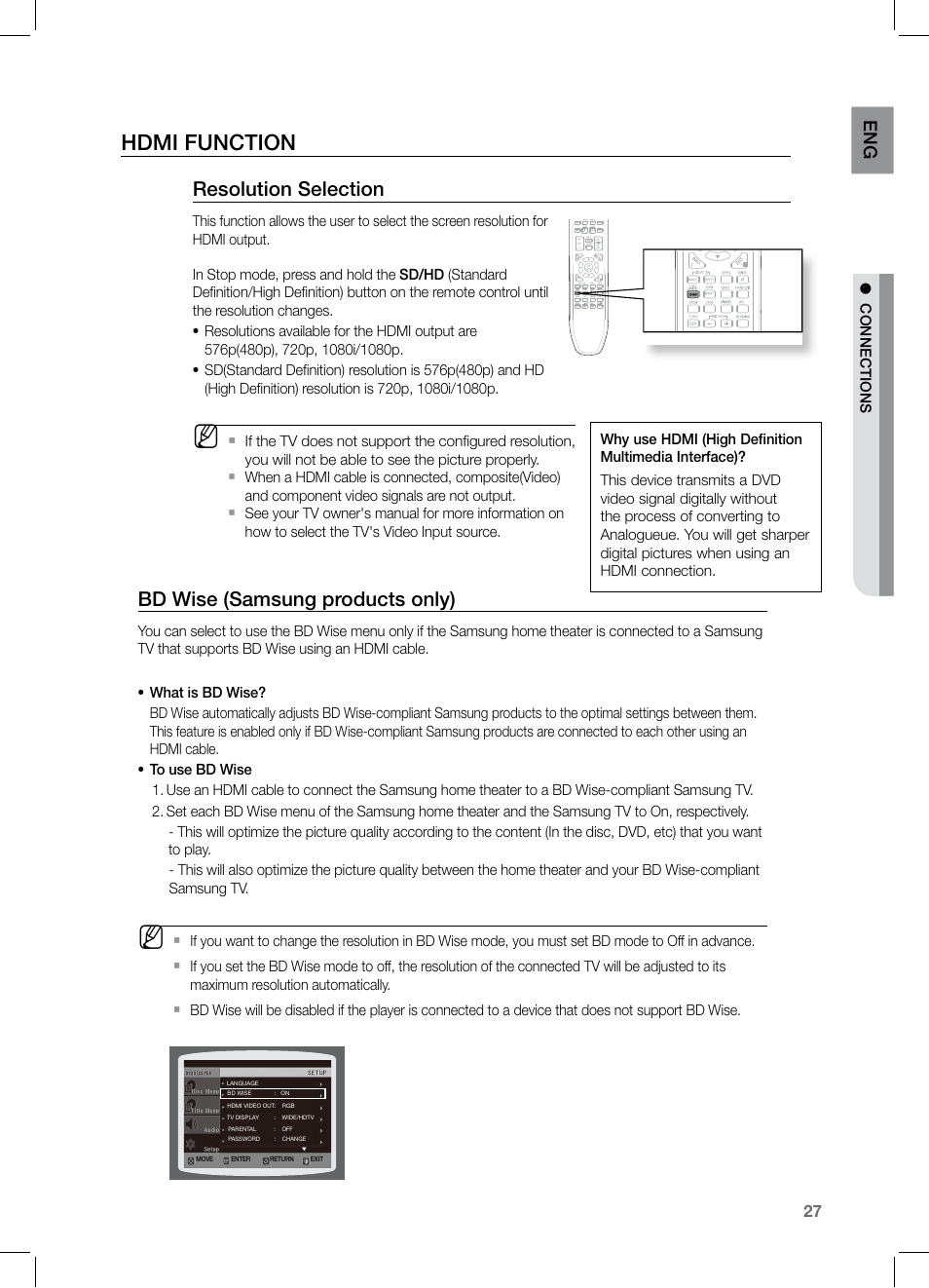 Hdmi function, Resolution selection, Bd wise (samsung products only) | Samsung HT-TZ325 User Manual | Page 27 / 74