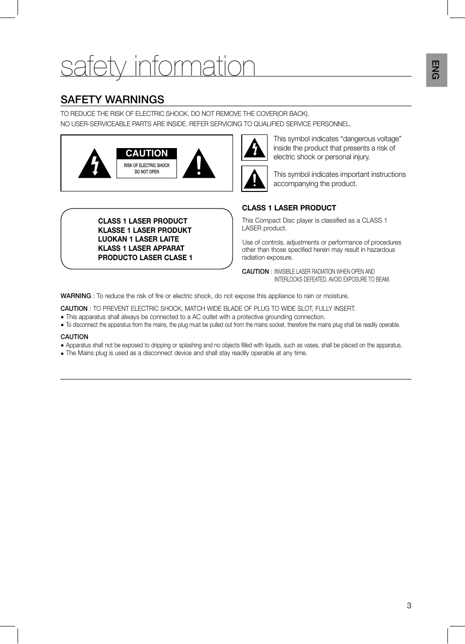 Safety information, Safety warnings | Samsung HT-TZ325 User Manual | Page 3 / 74