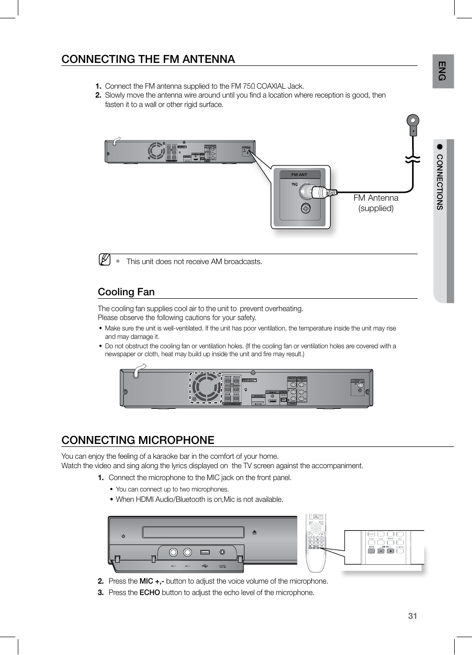 Connecting the fm antenna, Connecting microphone, Cooling fan | Samsung HT-TZ325 User Manual | Page 31 / 74