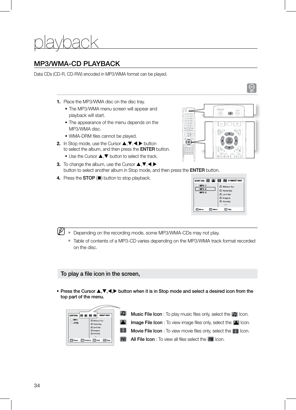 Playback, Mp3/wma-cd playback | Samsung HT-TZ325 User Manual | Page 34 / 74