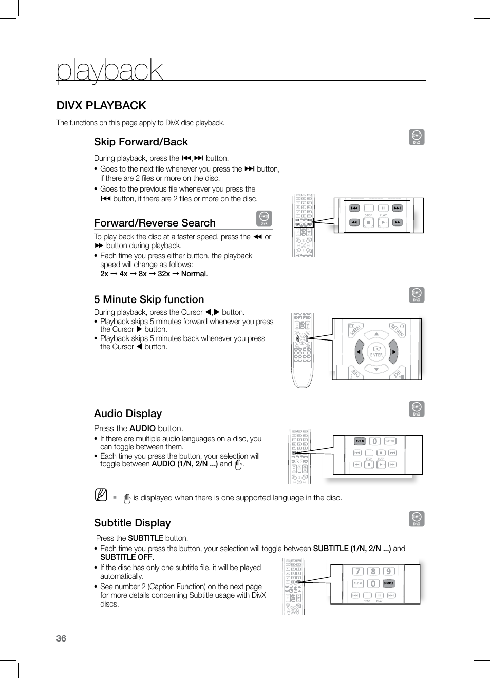 Playback, Divx playback | Samsung HT-TZ325 User Manual | Page 36 / 74