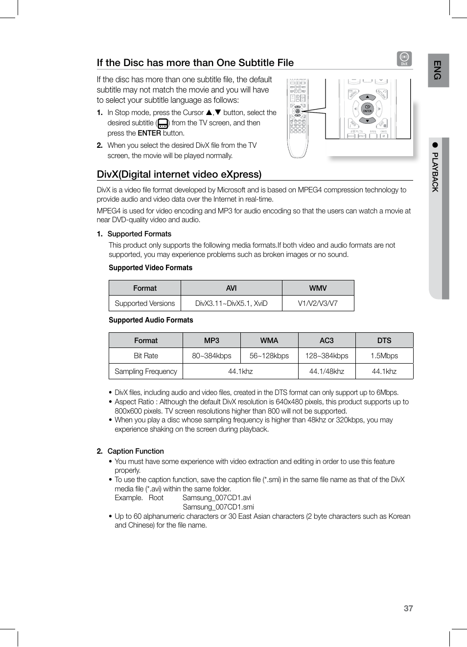 If the disc has more than one subtitle file, Divx(digital internet video express) | Samsung HT-TZ325 User Manual | Page 37 / 74