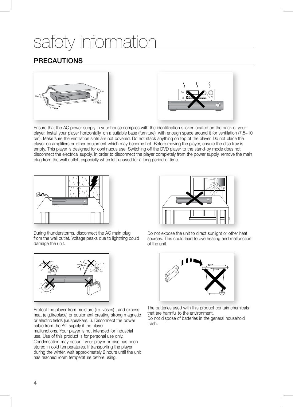 Safety information, Precautions | Samsung HT-TZ325 User Manual | Page 4 / 74