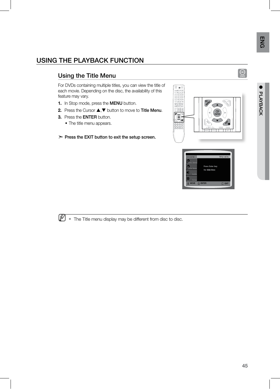 Using the playback function, Using the title menu | Samsung HT-TZ325 User Manual | Page 45 / 74