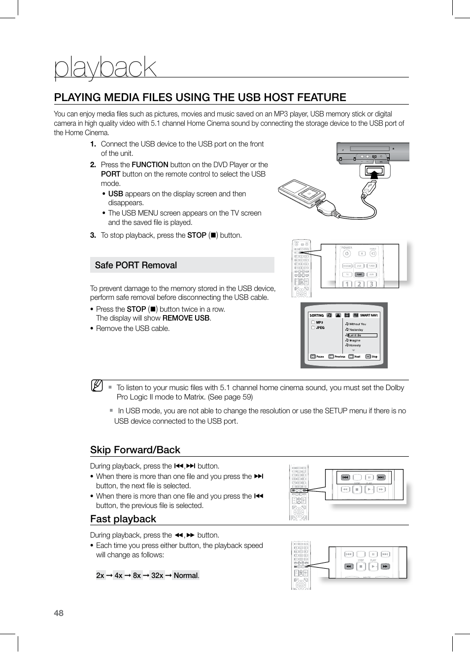 Playback, Playing media files using the usb host feature, Skip forward/back | Fast playback | Samsung HT-TZ325 User Manual | Page 48 / 74