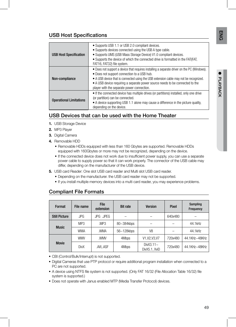 Usb host specifications, Usb devices that can be used with the home theater, Compliant file formats | Samsung HT-TZ325 User Manual | Page 49 / 74