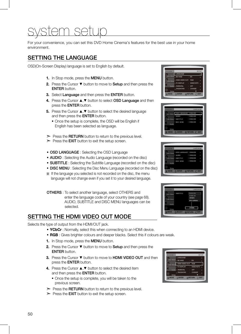 System setup, Setting the language, Setting the hdmi video out mode | Samsung HT-TZ325 User Manual | Page 50 / 74