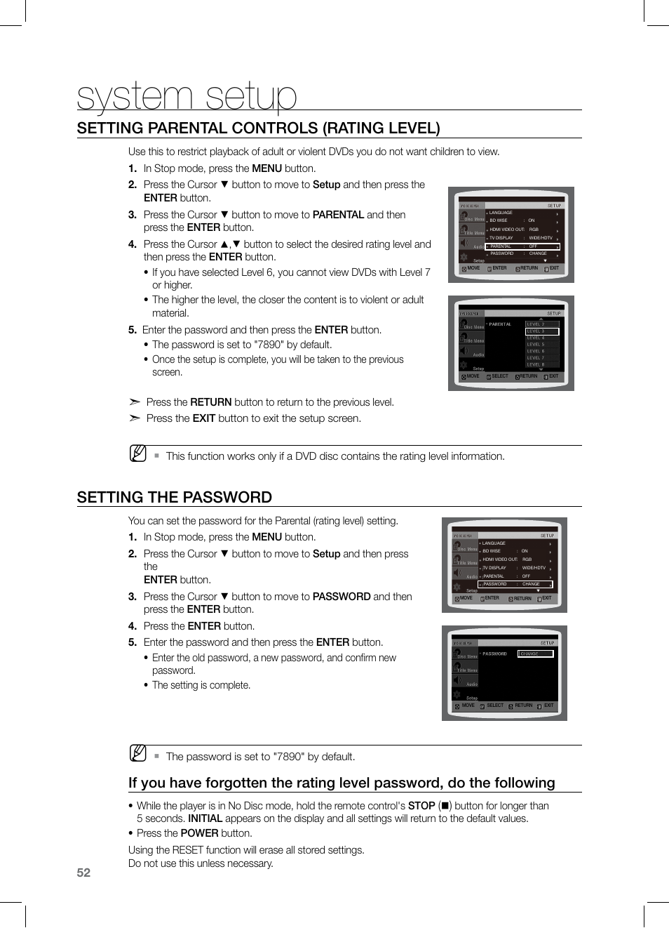 System setup, Setting parental controls (rating level), Setting the password | Samsung HT-TZ325 User Manual | Page 52 / 74