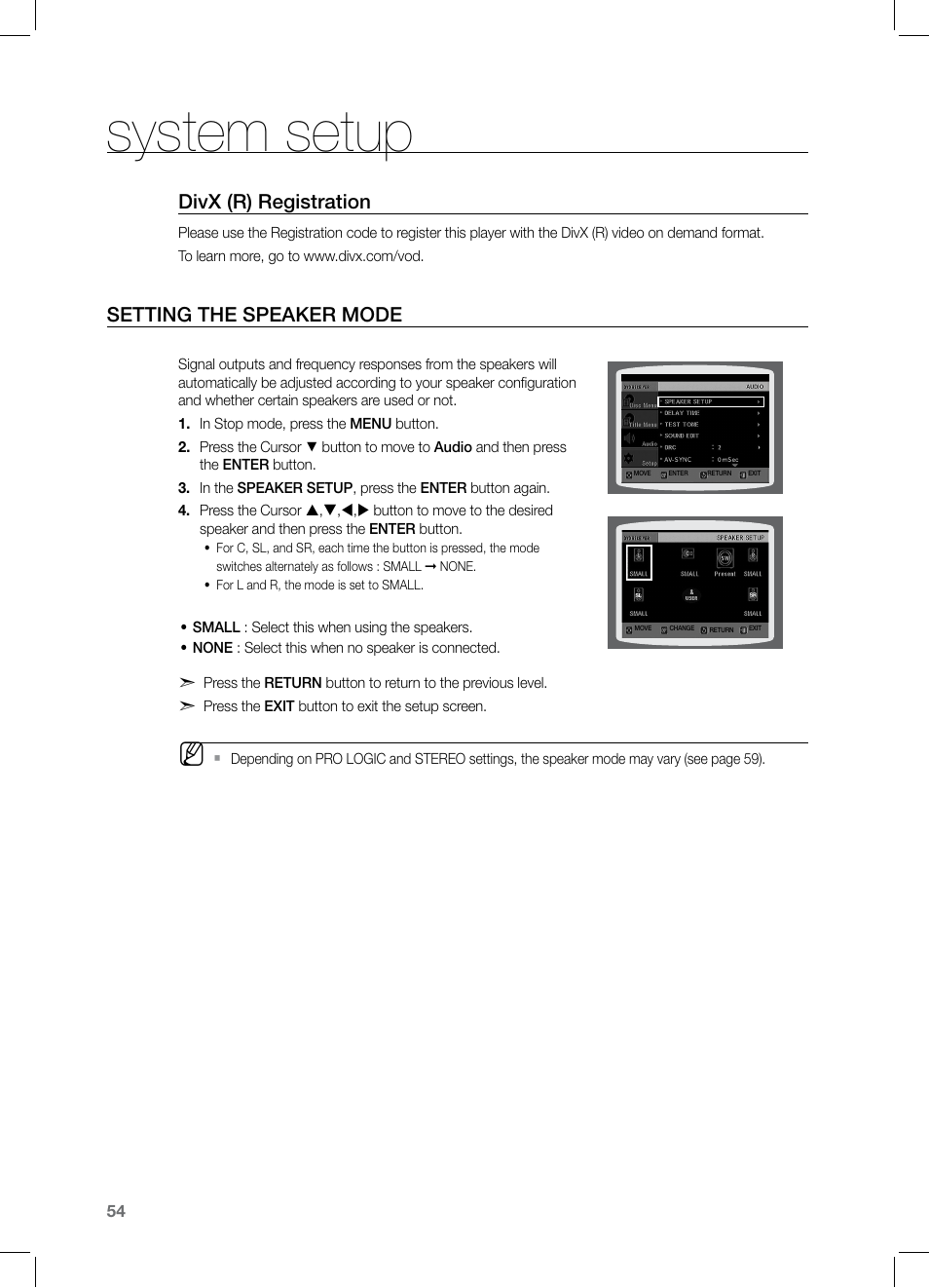 System setup, Divx (r) registration, Setting the speaker mode | Samsung HT-TZ325 User Manual | Page 54 / 74