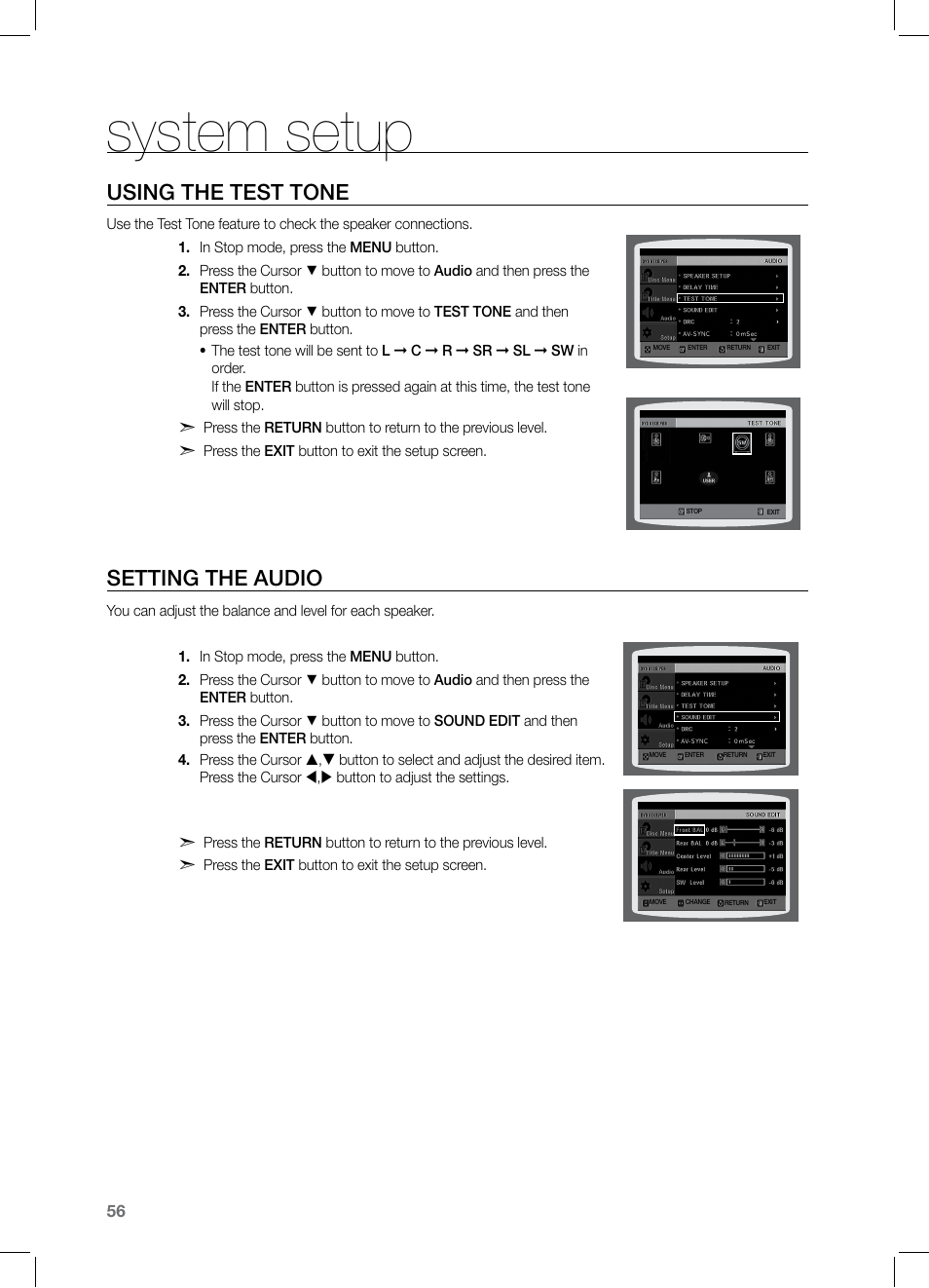 System setup, Using the test tone, Setting the audio | Samsung HT-TZ325 User Manual | Page 56 / 74