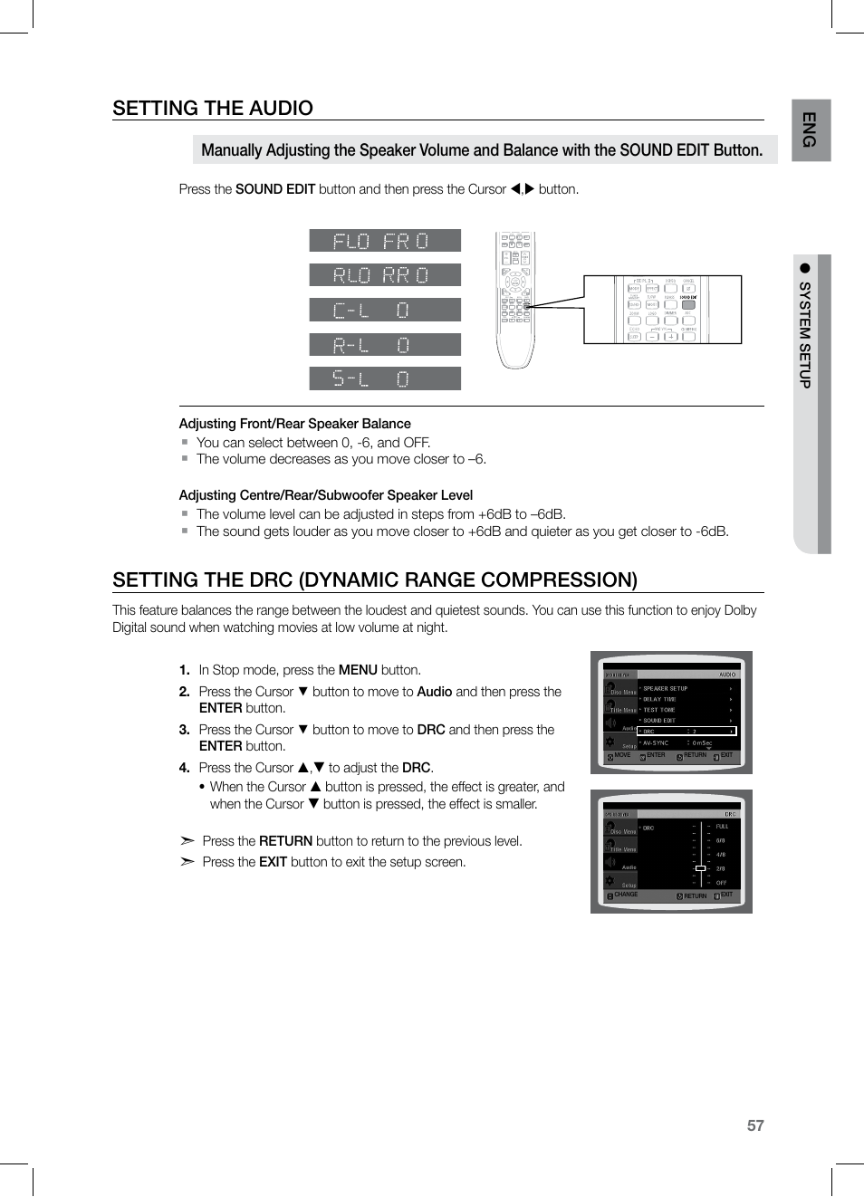 Setting the audio, Setting the drc (dynamic range compression) | Samsung HT-TZ325 User Manual | Page 57 / 74