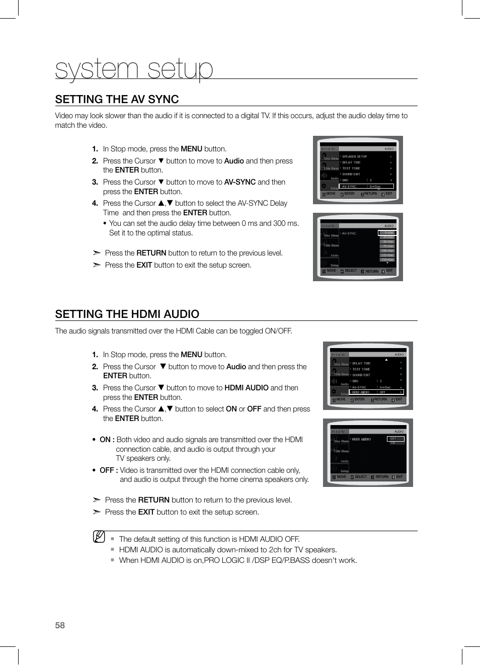 System setup, Setting the av sync, Setting the hdmi audio | Samsung HT-TZ325 User Manual | Page 58 / 74