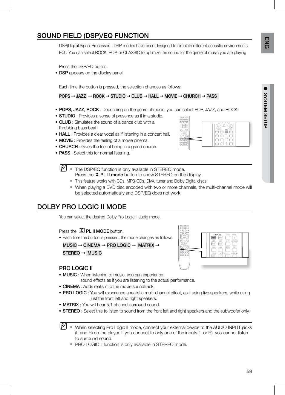 Sound field (dsp)/eq function, Dolby pro logic ii mode | Samsung HT-TZ325 User Manual | Page 59 / 74