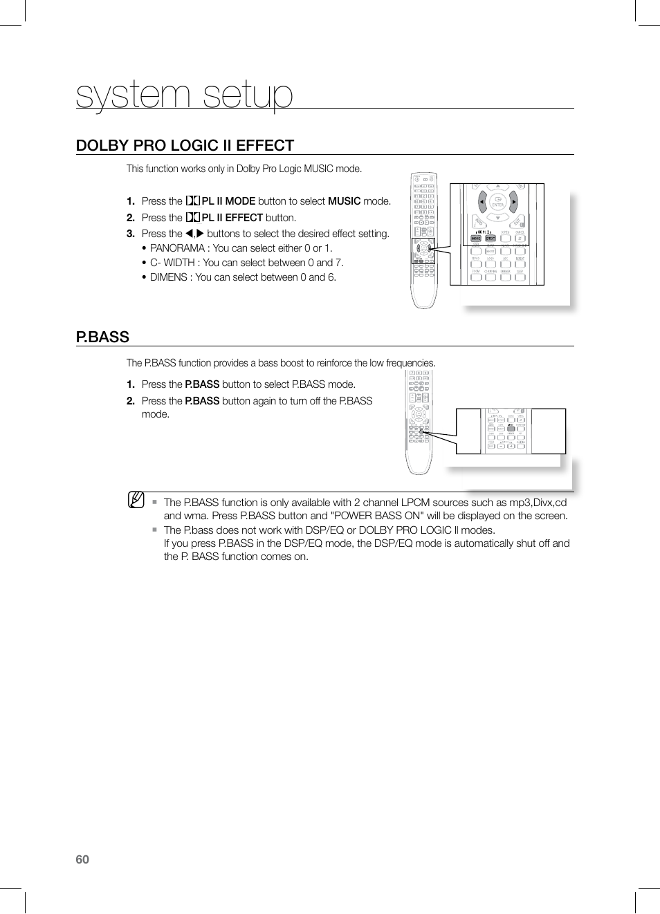 System setup, Dolby pro logic ii effect, P.bass | Samsung HT-TZ325 User Manual | Page 60 / 74