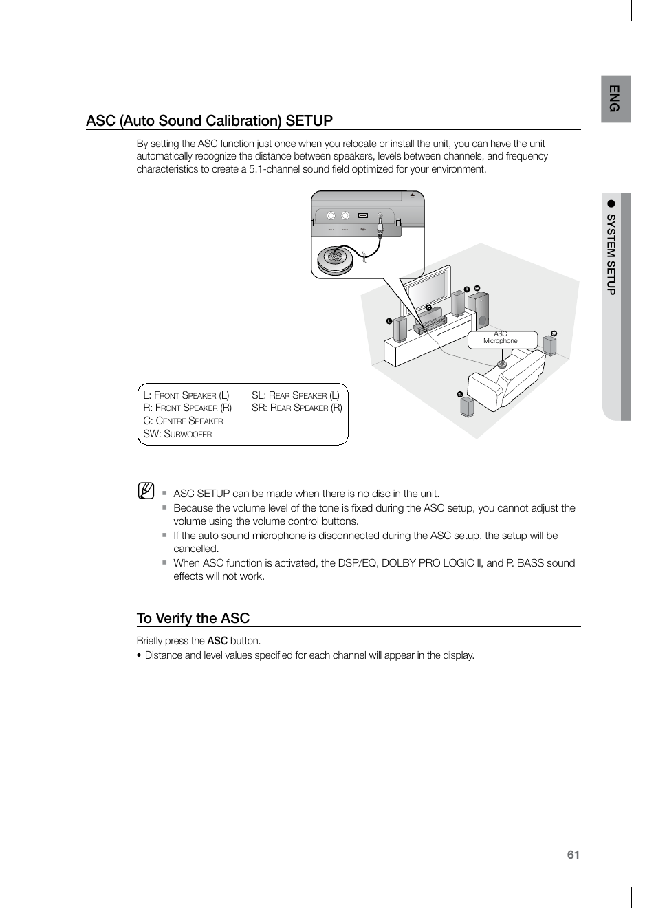 Asc (auto sound calibration) setup | Samsung HT-TZ325 User Manual | Page 61 / 74