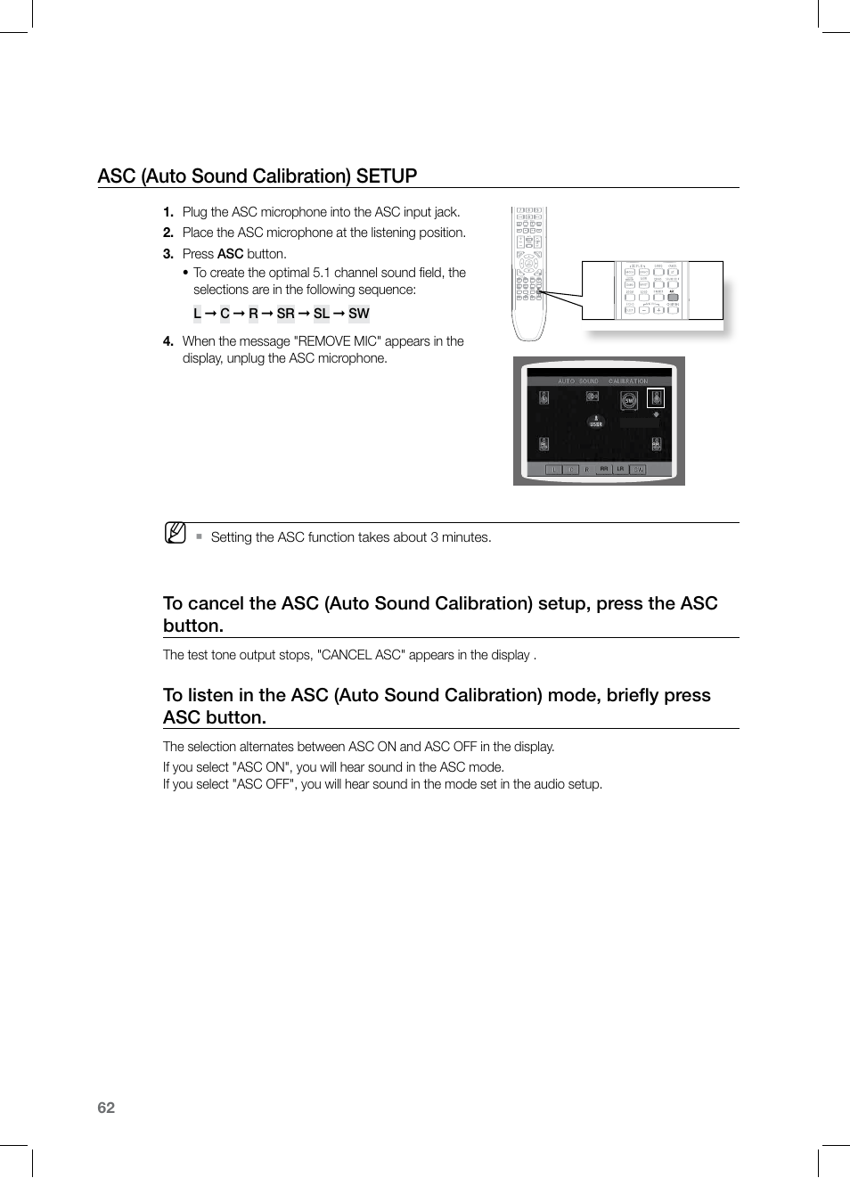 Asc (auto sound calibration) setup | Samsung HT-TZ325 User Manual | Page 62 / 74