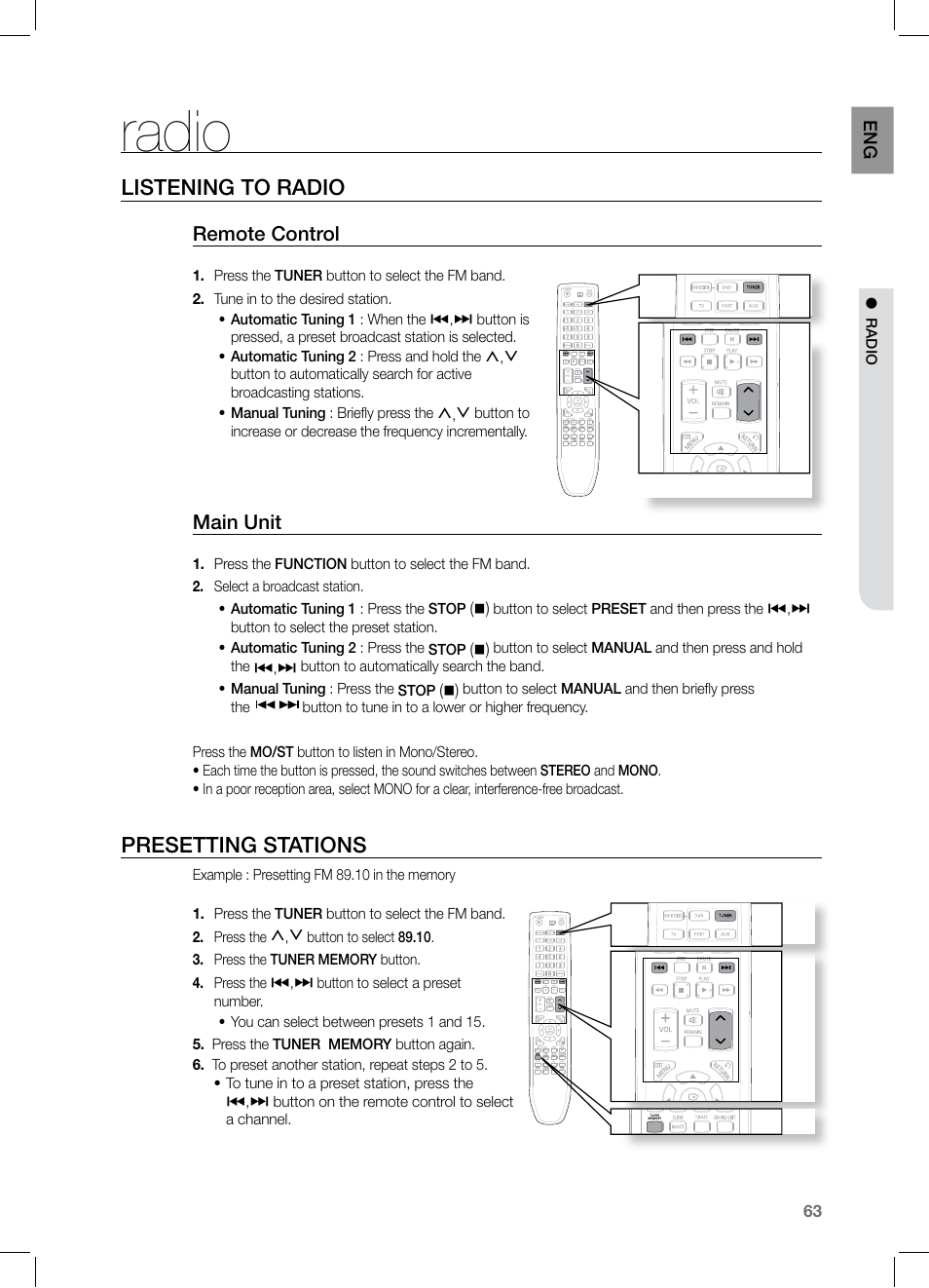 Radio, Listening to radio, Preseting stations | Presetting stations, Remote control, Main unit | Samsung HT-TZ325 User Manual | Page 63 / 74