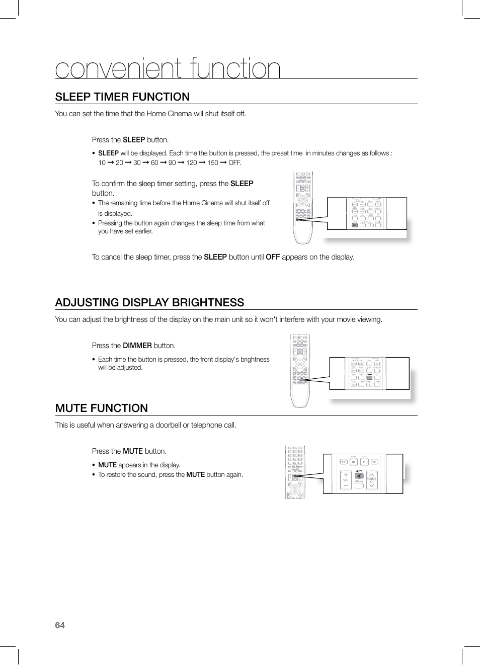 Convenient function, Slep timer function, Adjusting display brightnes | Mute function, Sleep timer function, Adjusting display brightness | Samsung HT-TZ325 User Manual | Page 64 / 74