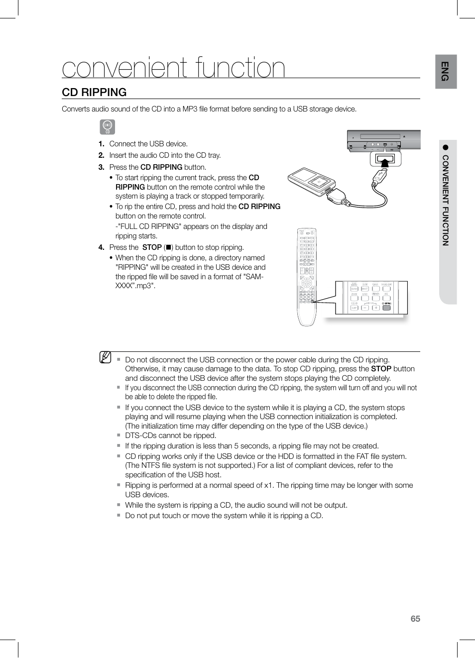 Cd ripping, Convenient function | Samsung HT-TZ325 User Manual | Page 65 / 74