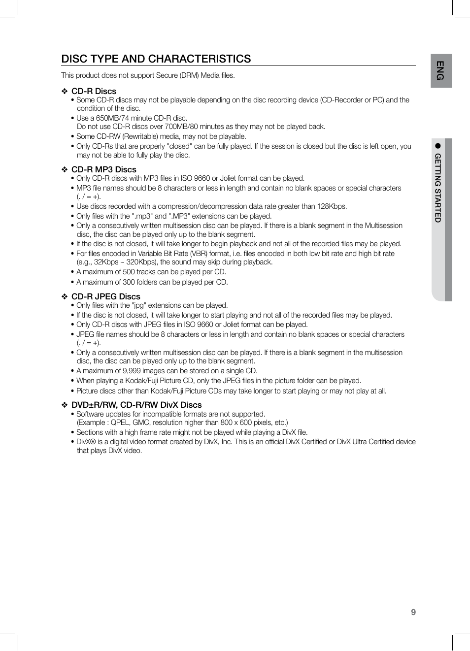 Disc type and characteristics | Samsung HT-TZ325 User Manual | Page 9 / 74