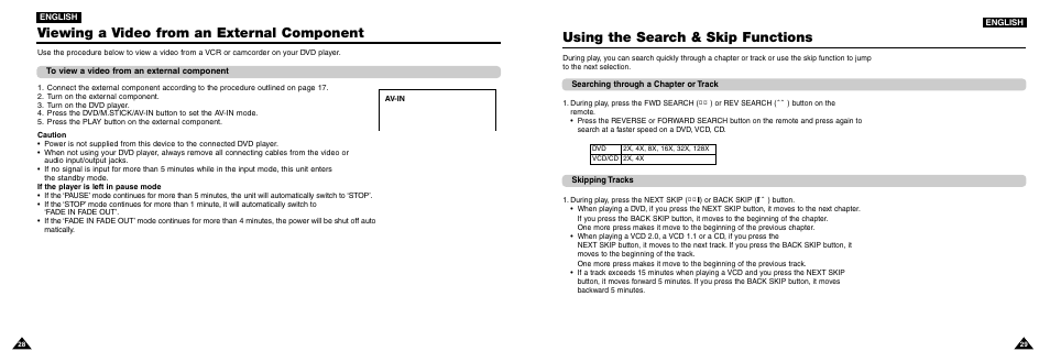 Viewing a video from an external component, Using the search & skip functions | Samsung DVD-L100W User Manual | Page 15 / 33