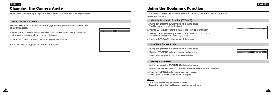 Changing the camera angle, Using the bookmark function | Samsung DVD-L100W User Manual | Page 18 / 33