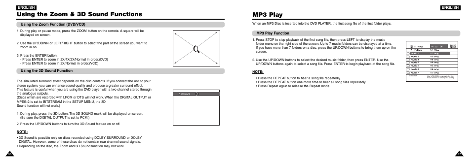 Using the zoom & 3d sound functions, Mp3 play | Samsung DVD-L100W User Manual | Page 19 / 33