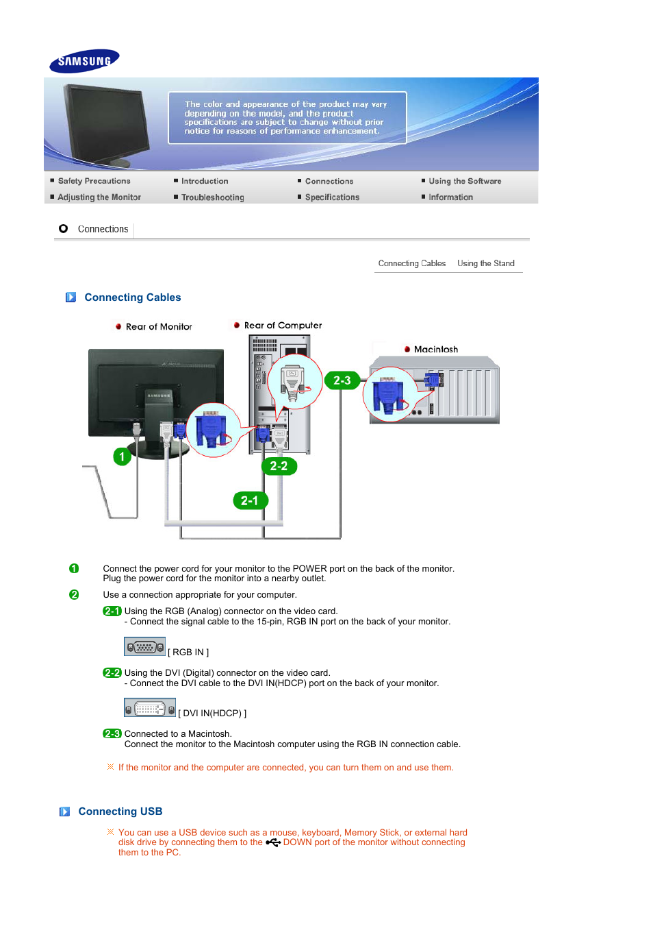 Connection, Connecting cables | Samsung 275TPLUS User Manual | Page 19 / 65
