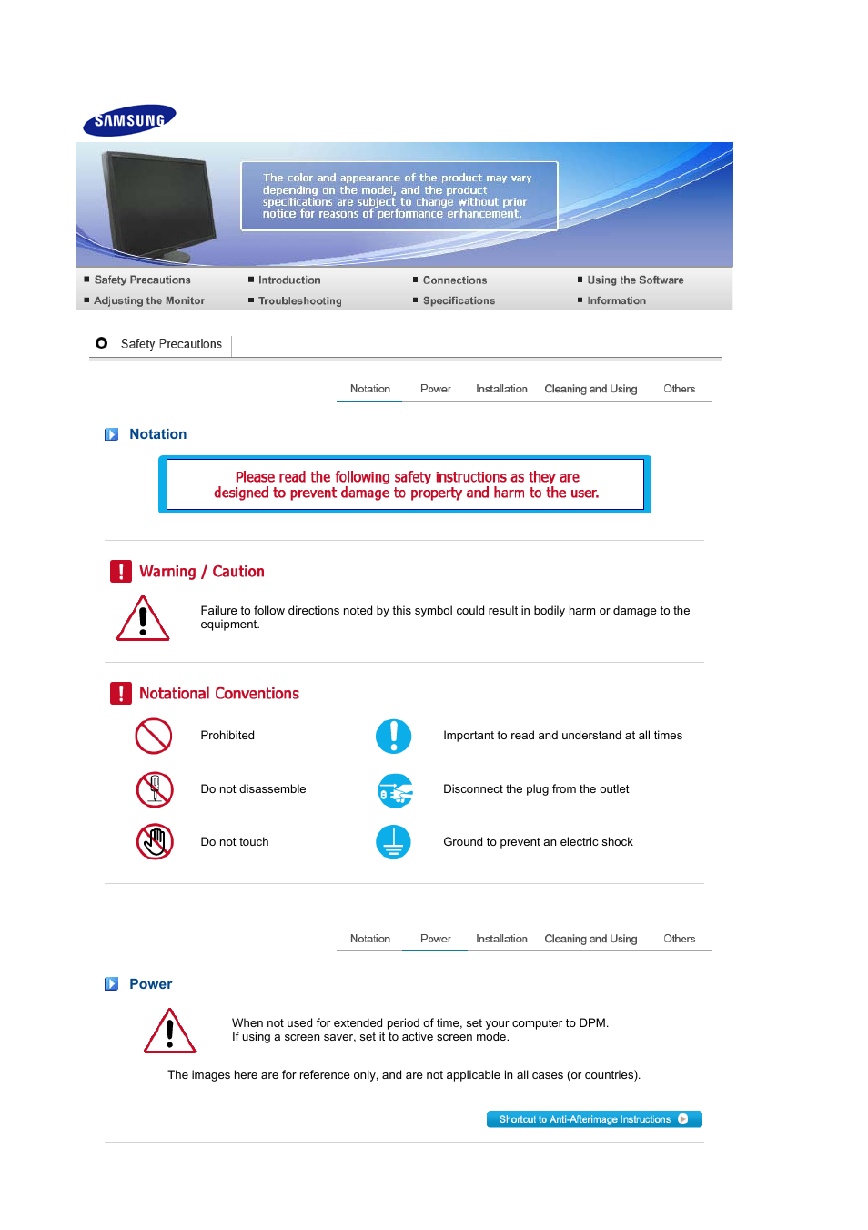 Safety instructions, Notation, Power | Samsung 275TPLUS User Manual | Page 2 / 65
