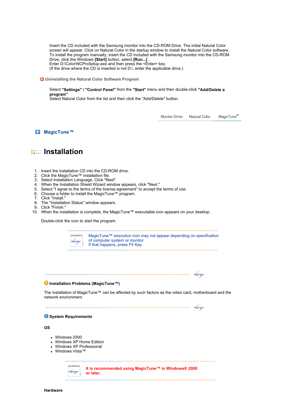 Magictune, Installation | Samsung 275TPLUS User Manual | Page 35 / 65