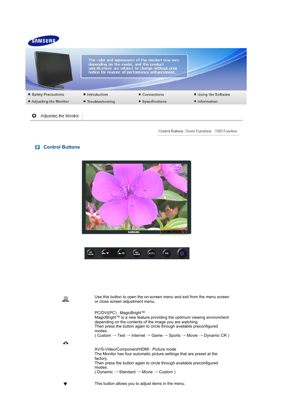 Adjusting your monitor, Control buttons | Samsung 275TPLUS User Manual | Page 37 / 65