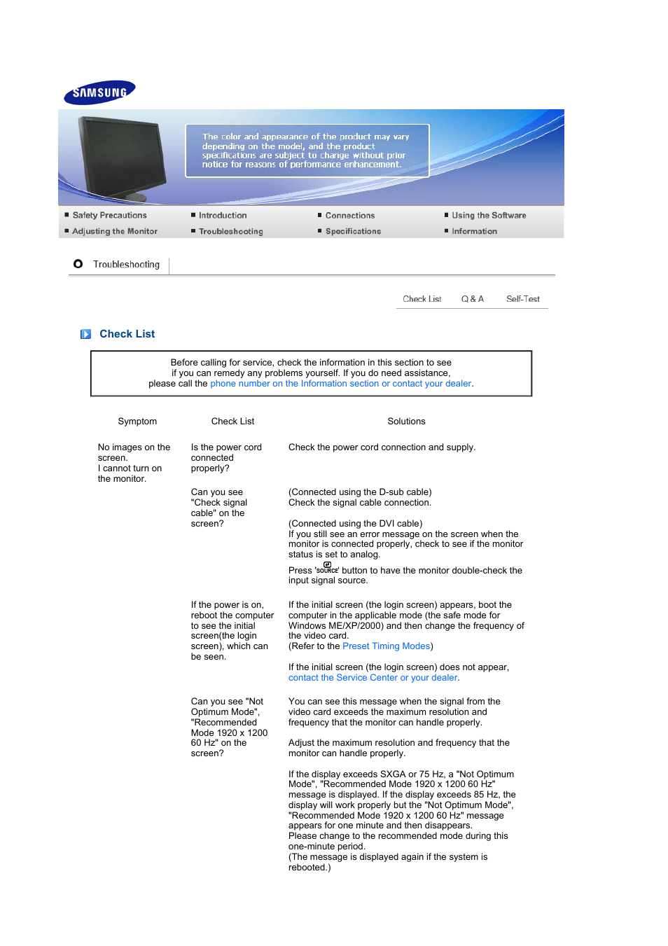 Troubleshooting, Check list | Samsung 275TPLUS User Manual | Page 52 / 65