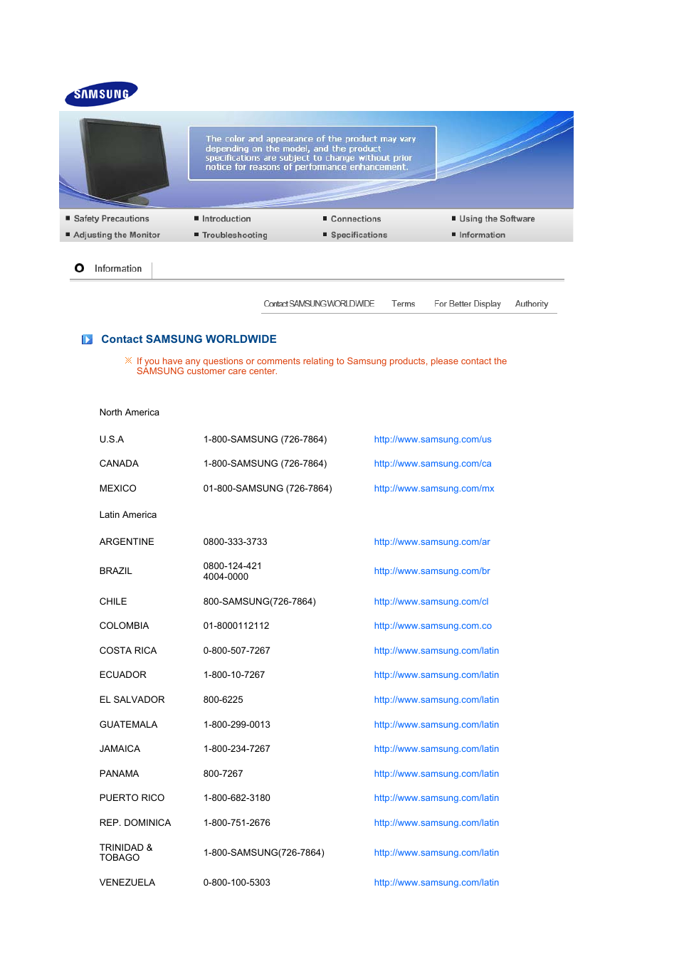 Information, Contact samsung worldwide | Samsung 275TPLUS User Manual | Page 61 / 65