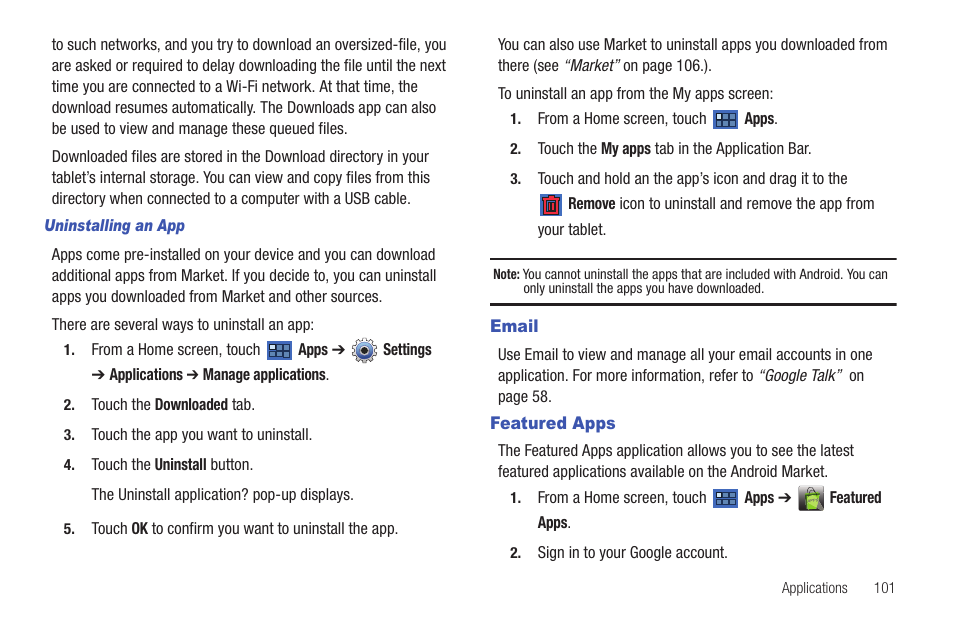 Email, Featured apps, Email featured apps | Samsung 8.9 User Manual | Page 105 / 176