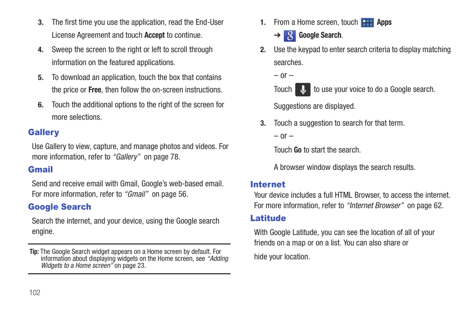 Gallery, Gmail, Google search | Internet, Latitude, Gallery gmail google search internet | Samsung 8.9 User Manual | Page 106 / 176