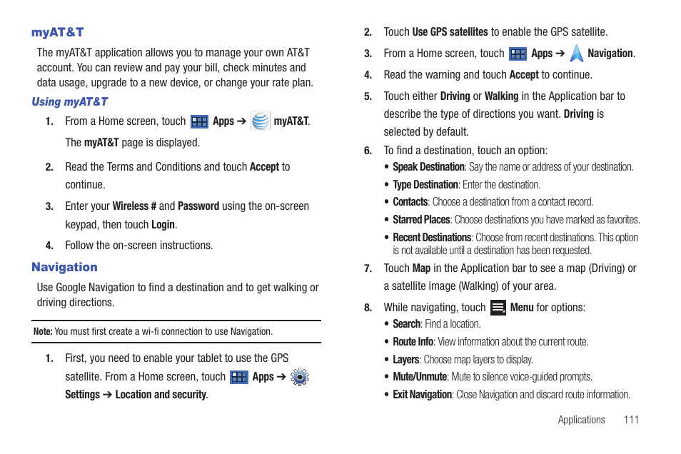 Myat&t, Navigation, Myat&t navigation | Samsung 8.9 User Manual | Page 115 / 176