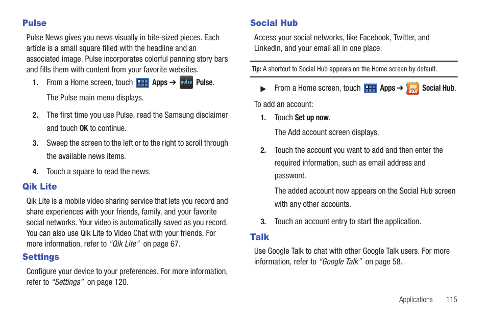 Pulse, Qik lite, Settings | Social hub, Talk, Pulse qik lite settings social hub talk | Samsung 8.9 User Manual | Page 119 / 176
