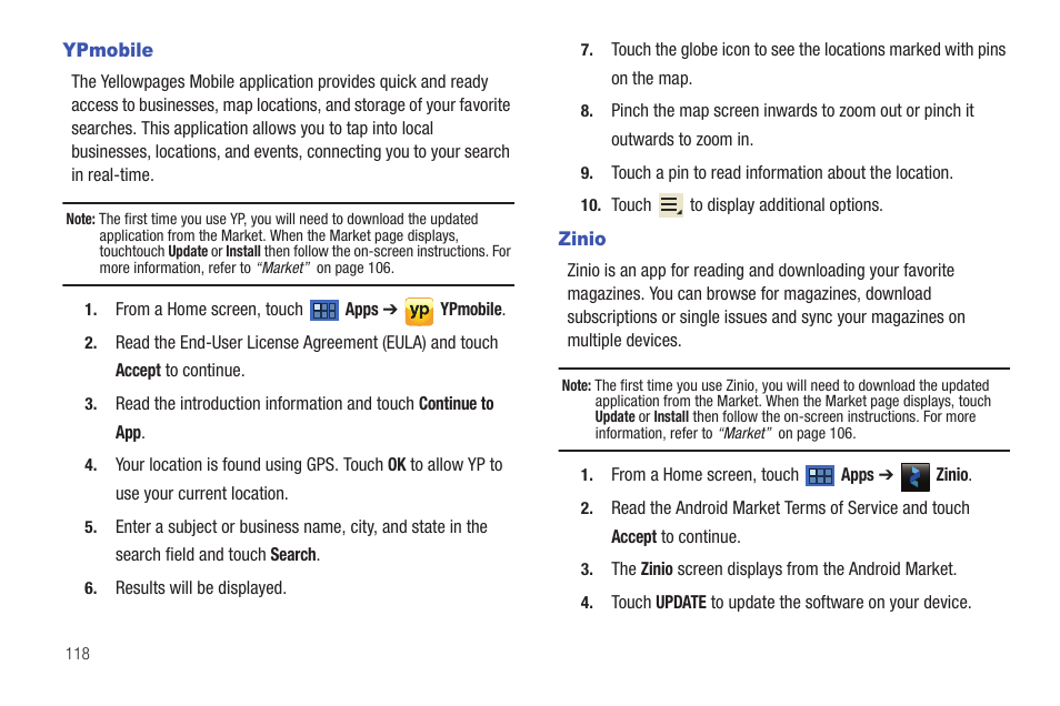 Ypmobile, Zinio | Samsung 8.9 User Manual | Page 122 / 176